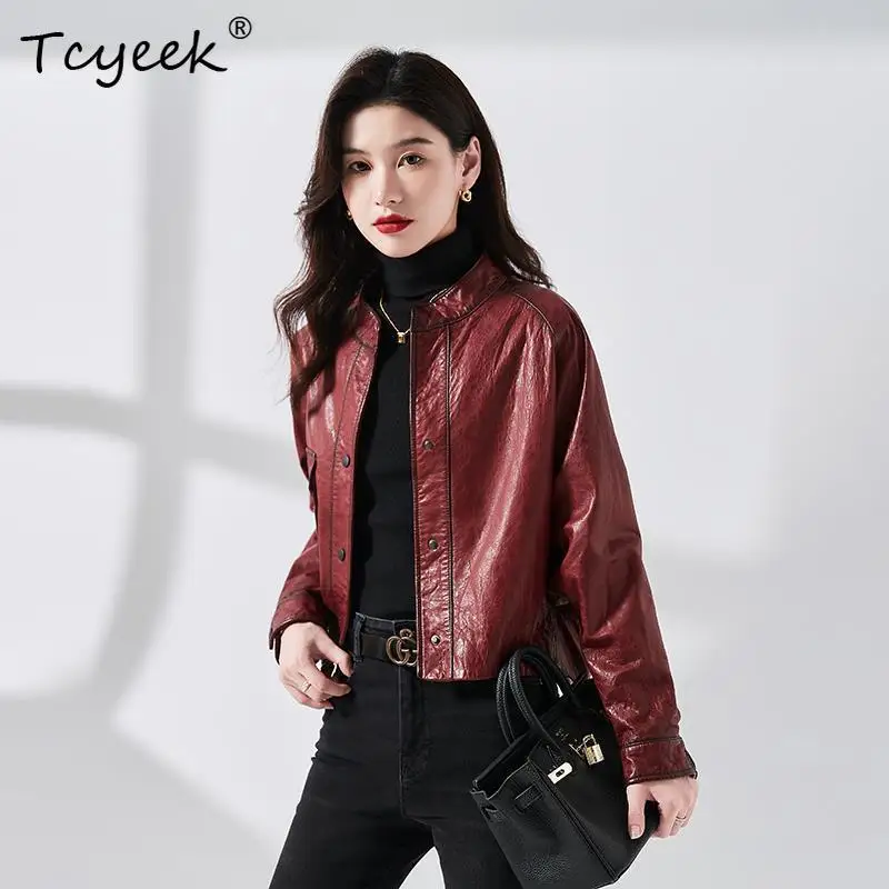 Tcyeek 리얼 소가죽 봄 가을 트렌디 빈티지 스탠드업 칼라 와인 레드 여성용 천연 가죽 재킷