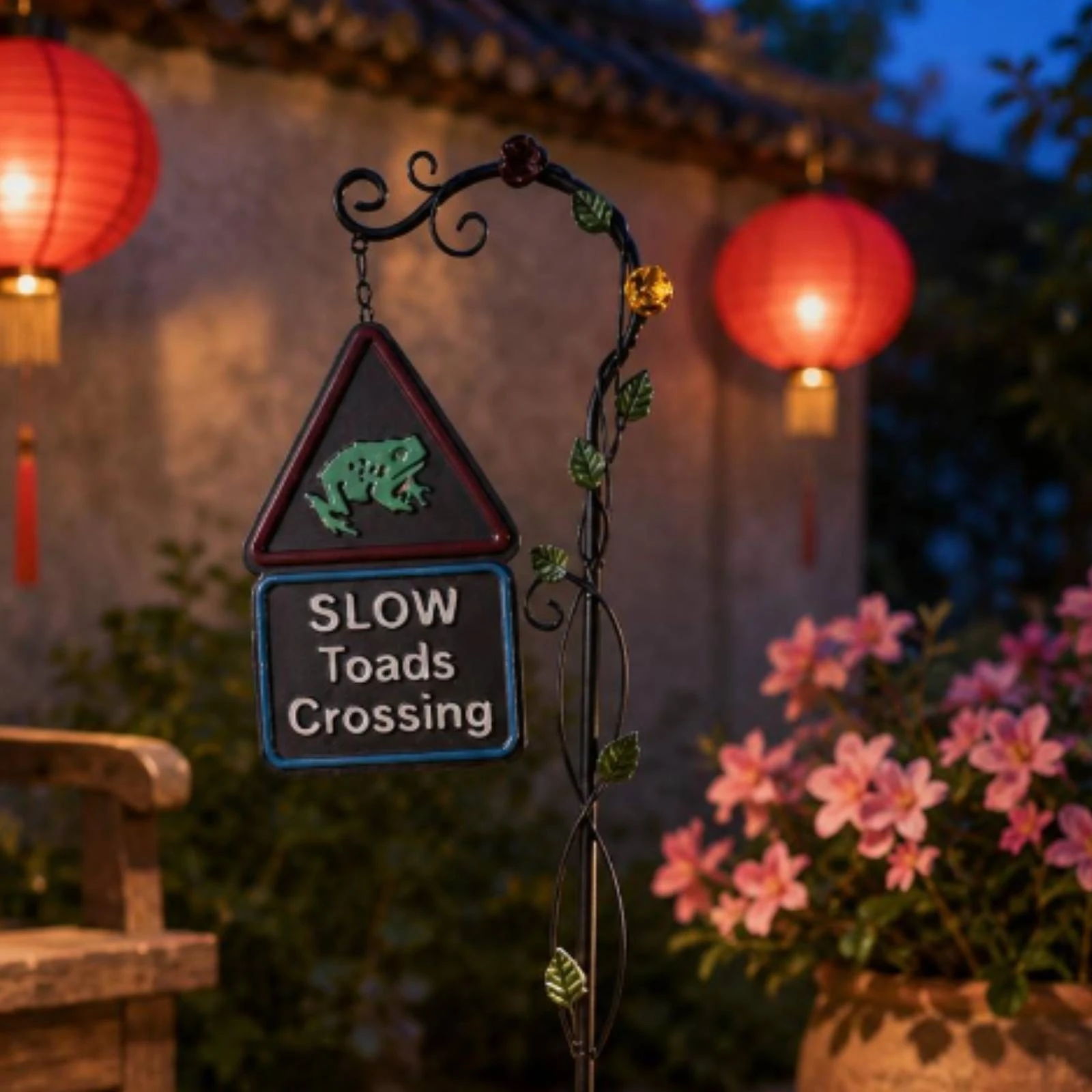 

Frog Garden Stake Scrollwork Metal Frog Stake Yard Art Contrasting Colors Outdoor Decor Easy to Install
