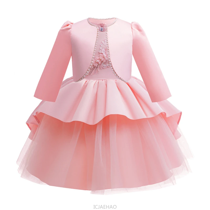 

Wed Dress 2025 Glitter Children Girls Party Dresses Sleeveless Jumper Pearl Long Sleeve Coat 2 Piece Set Costume Kids Outfit