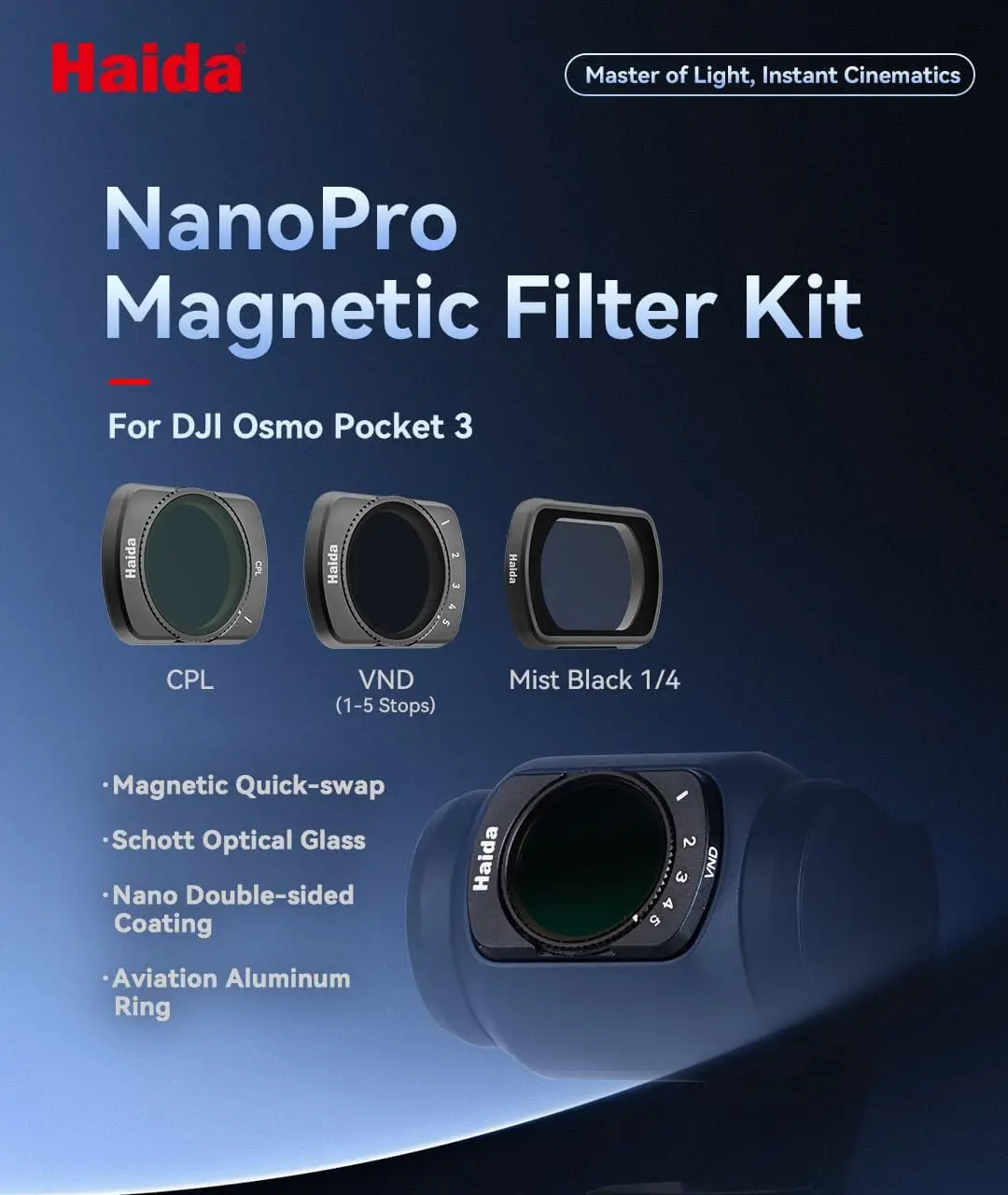 Haida Magnetic Lens Filter FOR DJI Osmo Pocket3 NanoPro CPL Variable ND Black Mist 1/4 Filter Kit