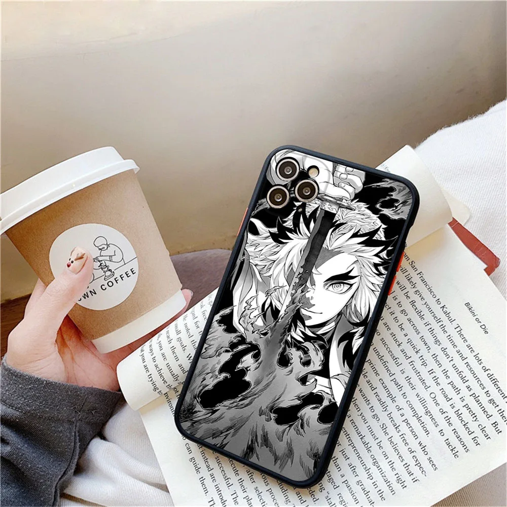 Frosted Translucent Phone Case For iPhone 16 15 14 Pro Max 7 8Plus 11 12 13 Mini X XS Demon Slayer Rengoku Kyoujurou Black Cover