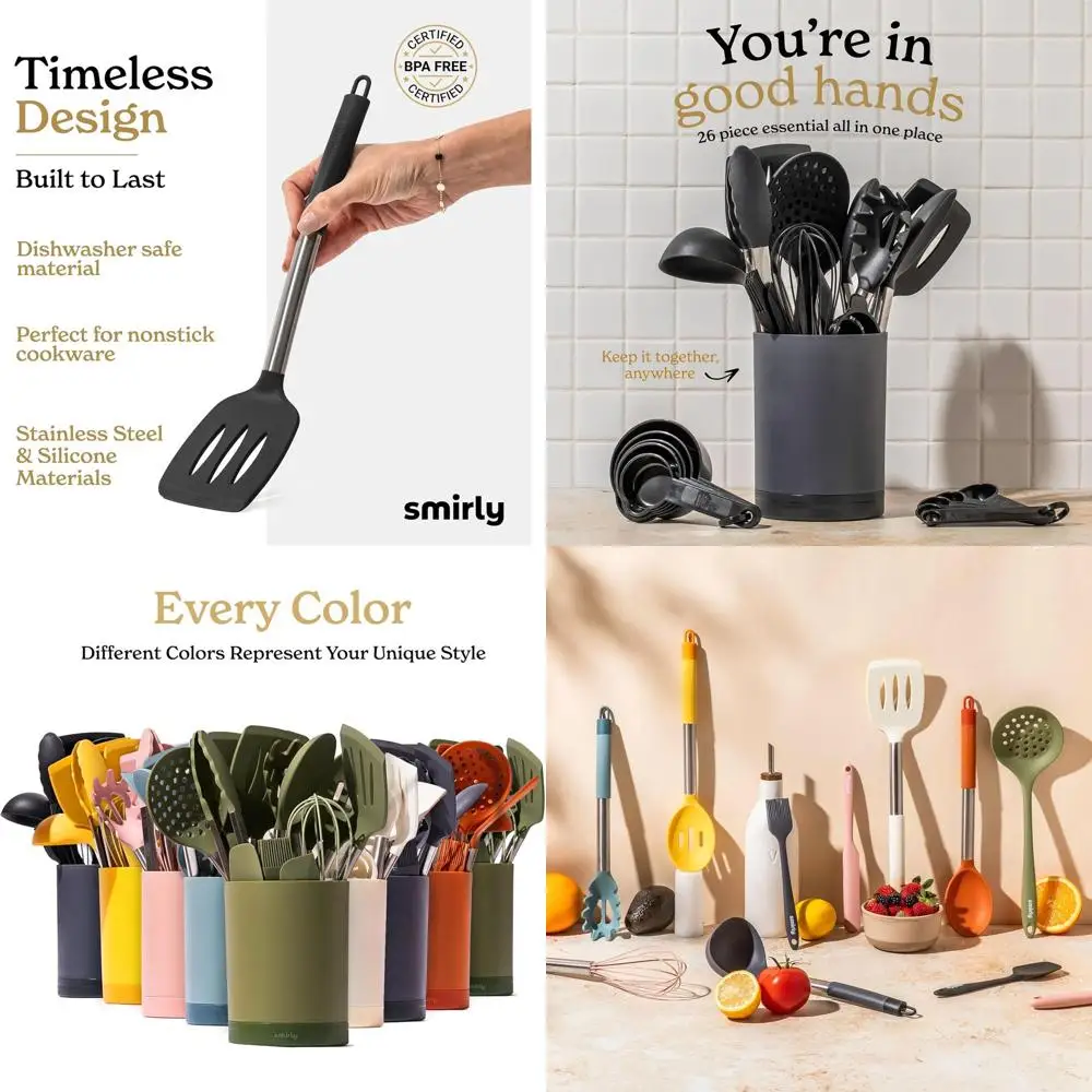 

26-Piece Silicone Kitchen Utensil Set with Holder, Spatula Set, Stainless Steel Handle, Ideal for Nonstick Cookware