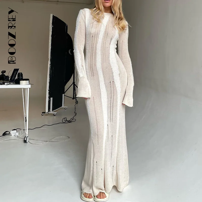 BoozRey Hollow Out Knit Maxi Dresses Female Slim Long Sleeve 2023 Beach Holiday Dress Patchwork Knitwear For Women Vestido New