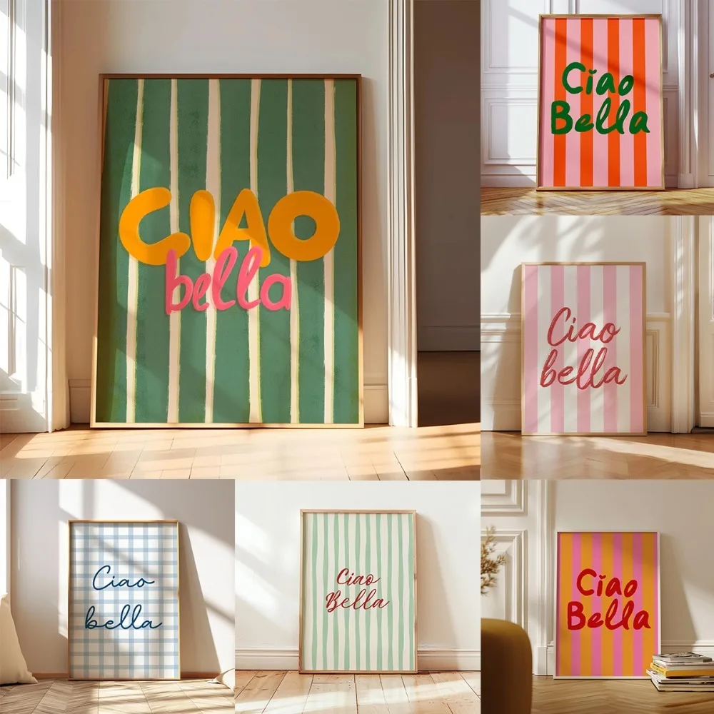 1pc Frameless Ciao Bella Poster,Sage Art Stripe Printing,for Living Room Bedroom Decor,Fashion Wall Kitchen Restaurant Art Decor