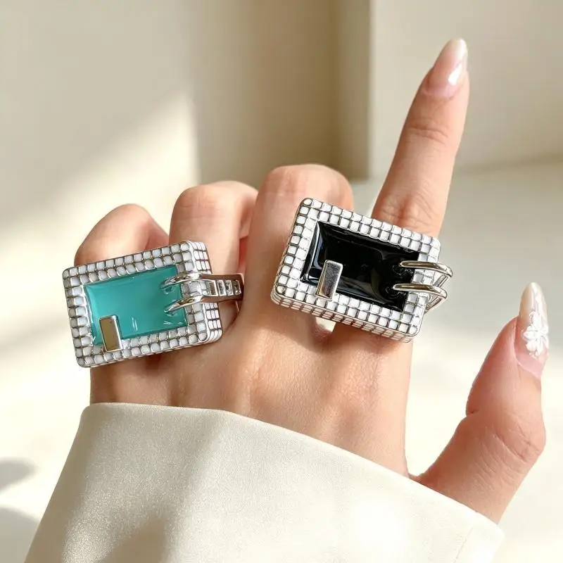 Mini Swimming Pool Shape Ring Enamel Grid Square Finger Ring Sweet Cool Y2K Exaggerated Girl Ring Party Fashion Jewelry Gift