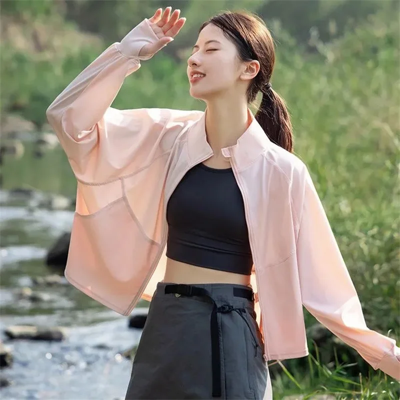 

Summer Female Ice Silk Sun Protection Clothing Lady Stand Collar Fashion Short Sun Shirt Women Long Sleeved Sun Protection Shirt