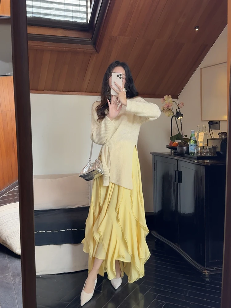 

Yellow Loose Knitted Sweater Slimming Light Color Trendy Design Spring Summer Commute Sle Korean Version round Ne Long Sl...