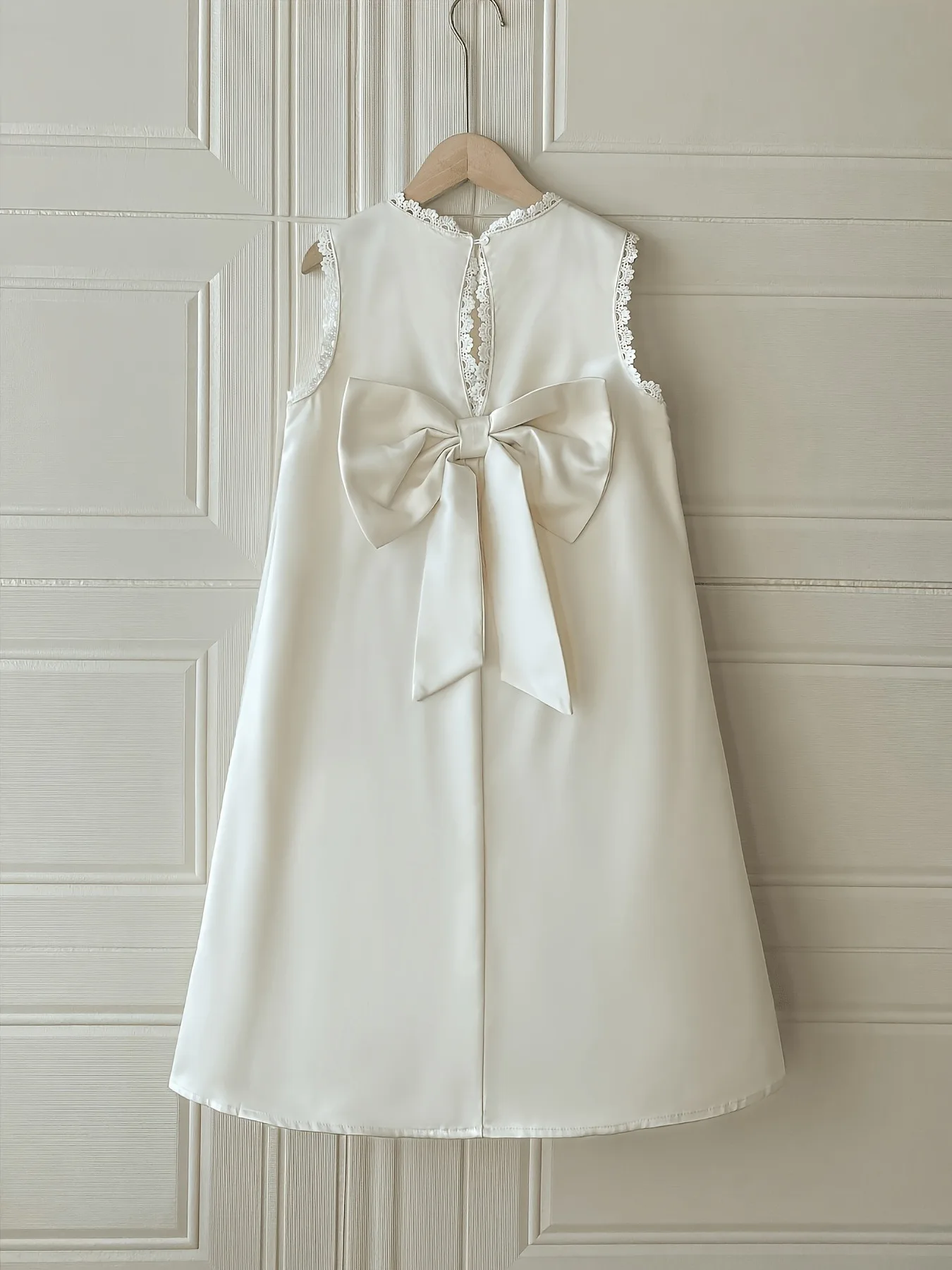 Trendy Girls 1Pc Formal Evening Outfit, Cream Lace Trim Flower Embellished Dress for Wedding Guest Garden Photoshoot Birthday Ce
