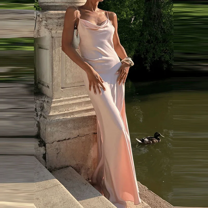 Frauen Mode Split Drapierte Solide Party Kleid Elegante Off Schulter Satin Sling Kleid Sexy Ärmelloses Backless Hohl Langes Kleid