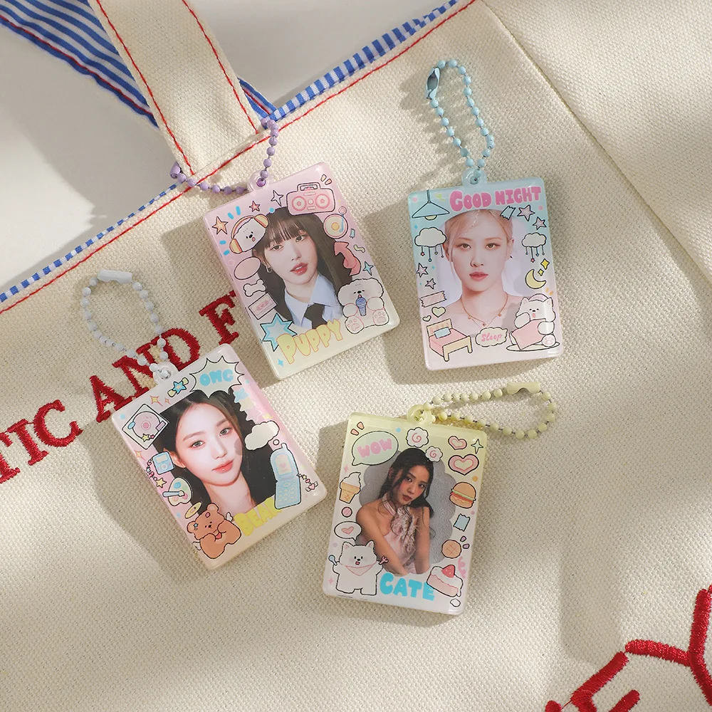 Kpop Student Cartoon 1 Inch ID Photo Storage Pendant Laminated Acrylic Keychain Photo Frame Bear Cate Candy Accessories