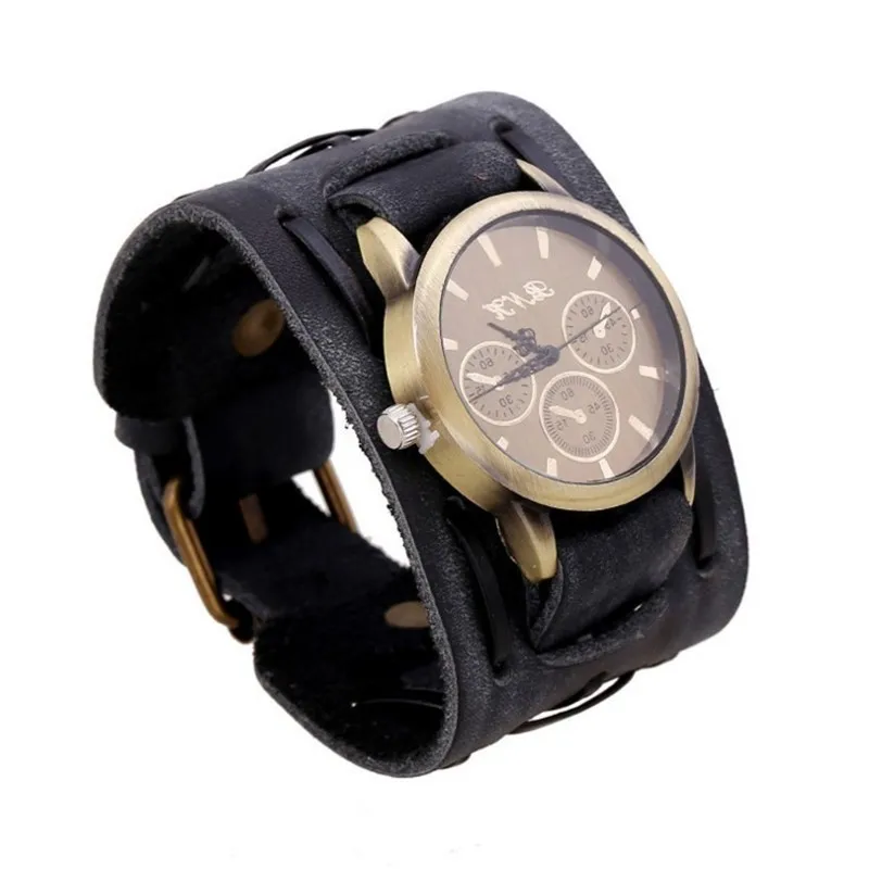 Style Retro Punk  Brown Big Wide Leather Bracelet Cuff Men Watch Cool