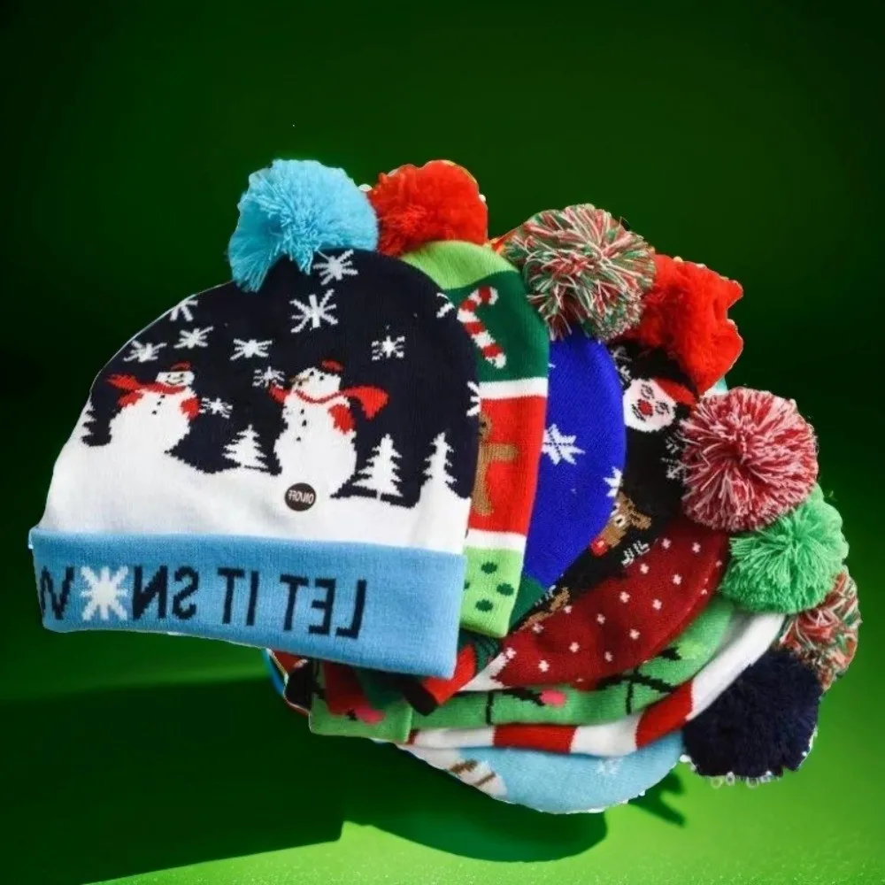Winter Warm LED Christmas Hats Colorful Xmas Light Up Beanie Cartoon Santa New Year Cap Christmas Gift