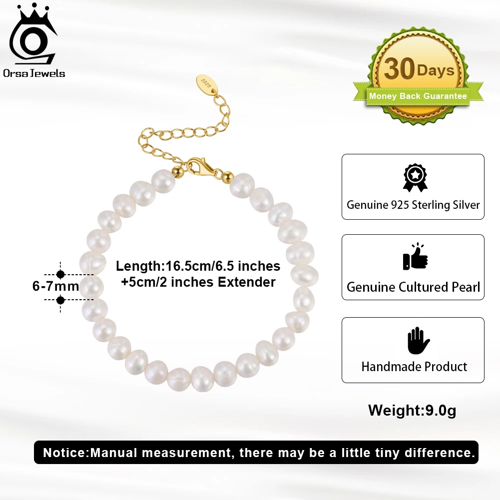 ORSA JEWELS 925 Sterling Silver Bracelet with 14k Gold Rice Natural Freshwater Pearl Chain Bracelet for Women Jewelry GPB10