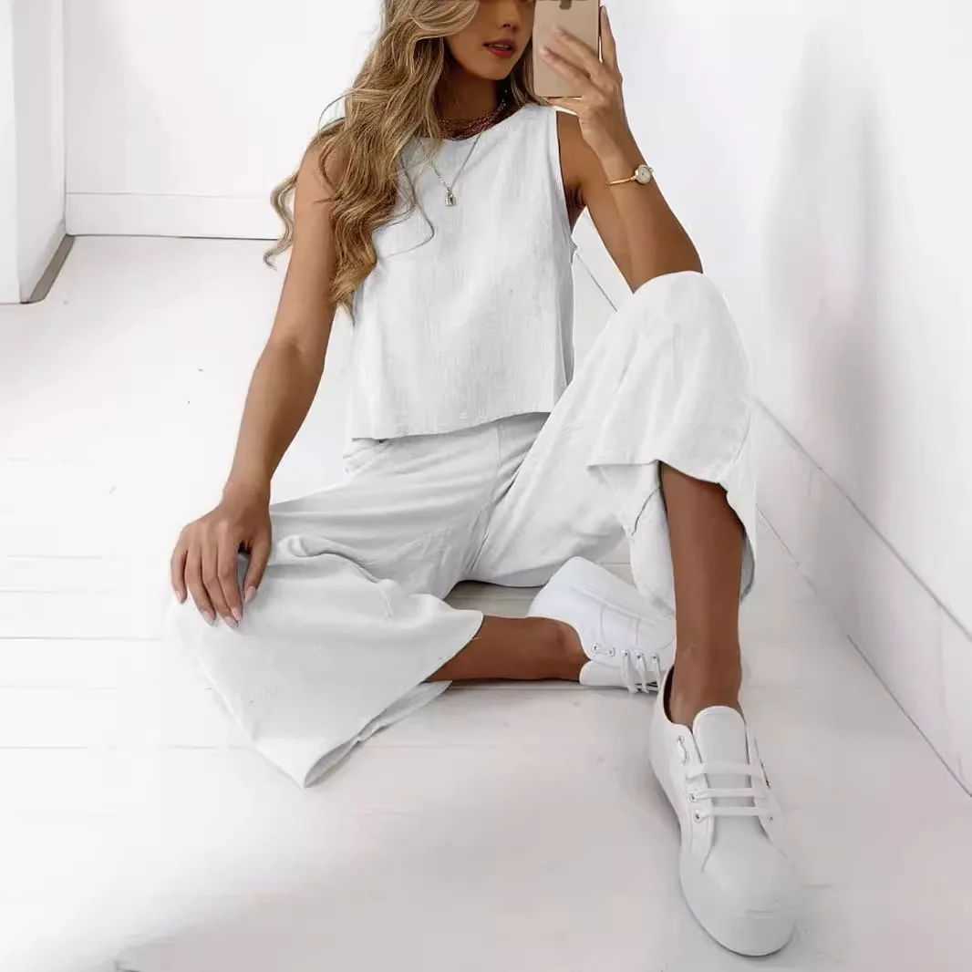 2 Piece Set Of Women\'s Cotton Linen Suit Round Neck Top Wide Leg Pants Sleeveless Casual Summer New Fashion Loose Trousers Suit