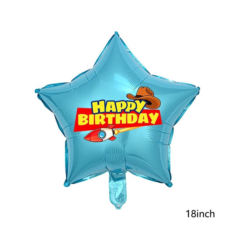 Rote, gelbe und grüne Spielzeugballons, hellblaue Ballons mit Wolken- und Kuhmuster für die Dekorationen zu Babystory- und Cowboy-Partys – Detail 40