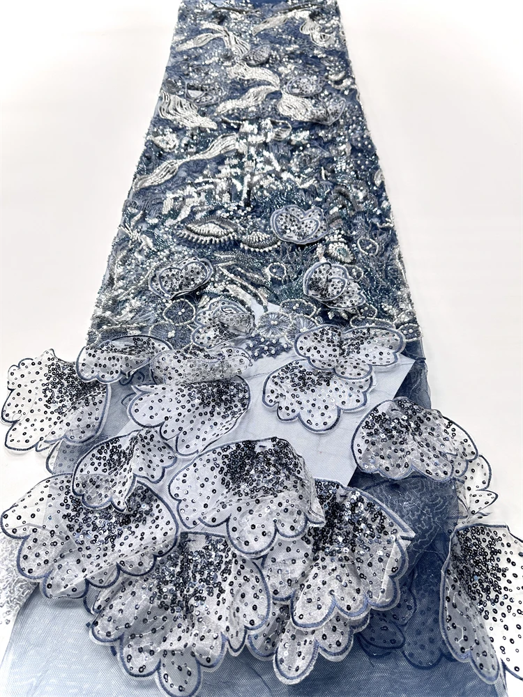 Neuester französischer Spitzenstoff mit 3D-Blumenmuster und Perlen, hochwertige Netz-Applikation, Netz-Spitzenstoffe, 5 Yards für Hochzeits- und Partykleider
