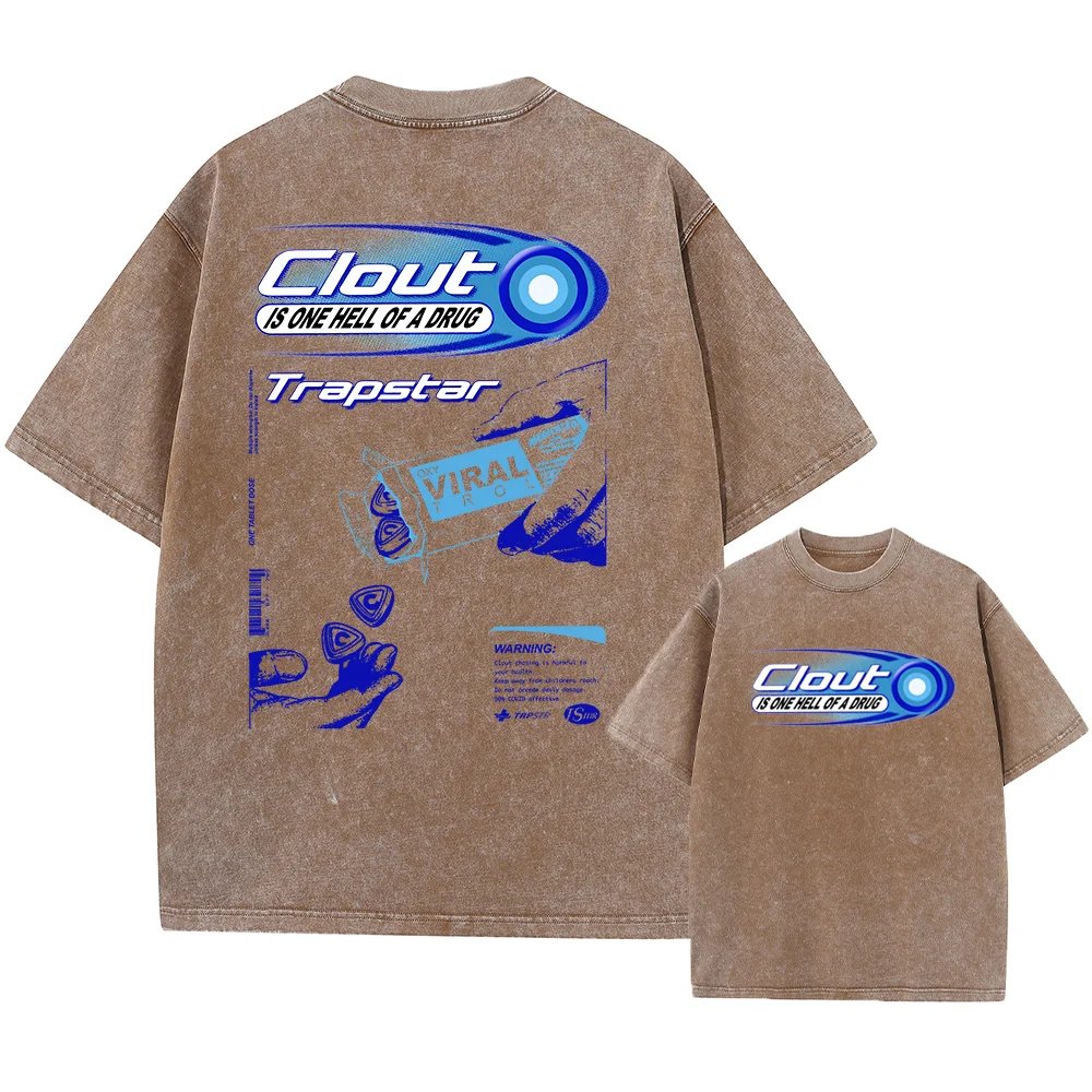 

Washed and Distressed Men's Shirt Clout Letter Print Street Style Summer Pure Cotton Short-Sleeved Trendy Retro Casual Top