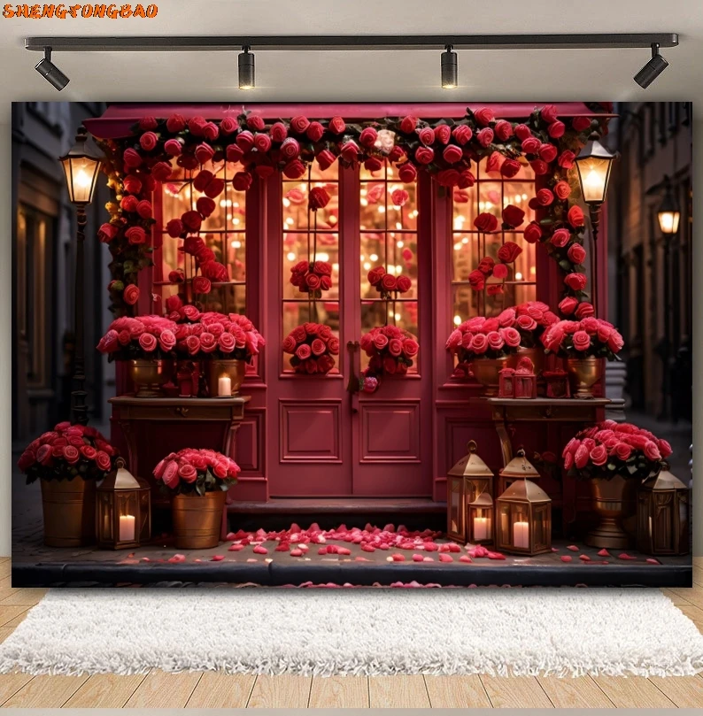 February 14 Valentine's Day Backdrop Rose Flower Store Window Red Love Heart Romantic Valentine Wedding Photography Background