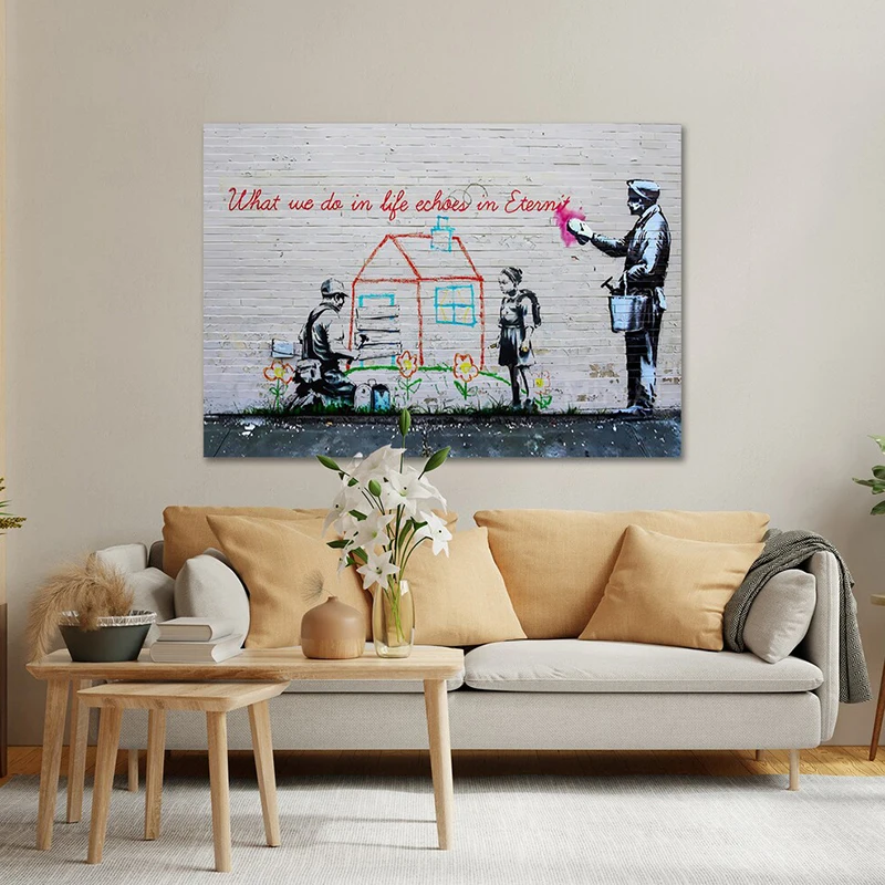 

BANKSY Canvas Wall Art What We Do In Life Echoes In Eternity Graffiti Posters and Prints Street Art Picture for Home Room Decor