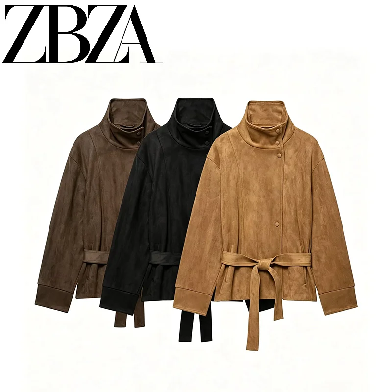 Autumn New Arrival ZR Women's Faux Fur Jacket with Belt Standard Fit Polyester Long Sleeve Regular Length Fashion Versatile