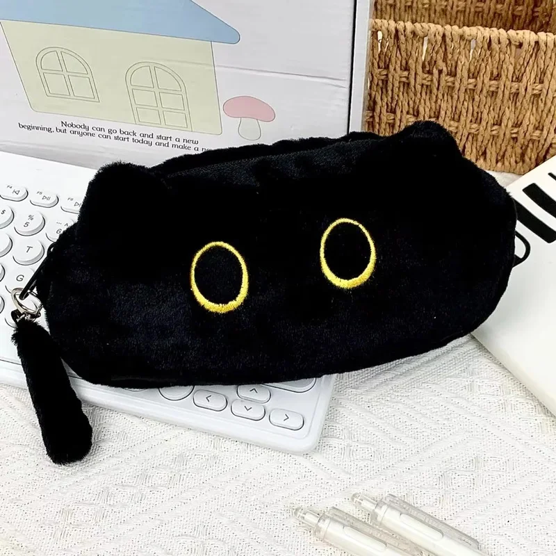 Cute Black Cat Plush Pen Bag Large Capacity Pencil Case Cute Cartoon Stationery Storage Bag Supplies Student Back To School Gift