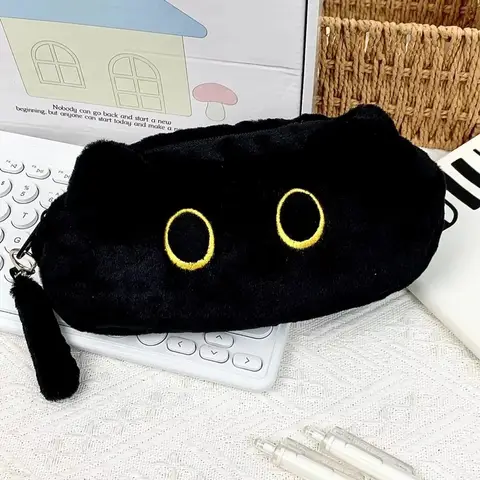Cute Black Cat Plush Pen Bag Large Capacity Pencil Case Cute Cartoon Stationery Storage Bag Supplies Student Back To School Gift
