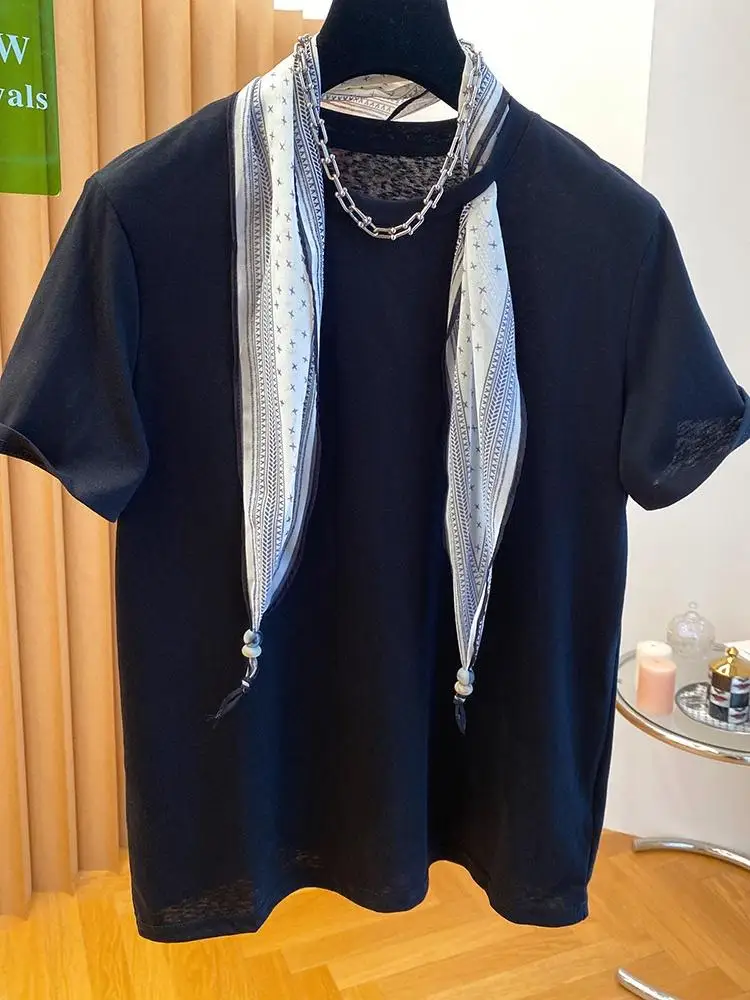 Women Korean Unique Scarf Detail T Shirt 2026 Summer New Short Sleeve Fashion Trendy Casual Half Sleeve Tops Tees