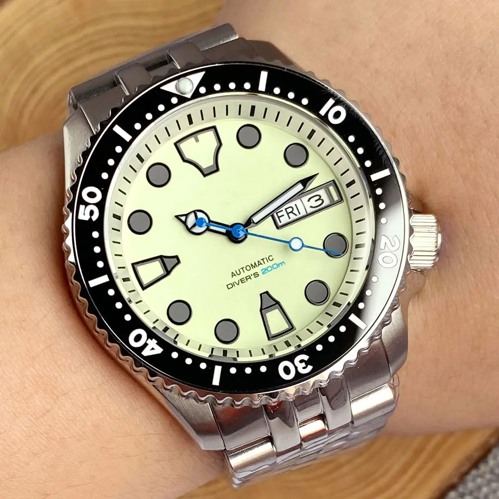 Tandorio Diving MechanIcal Watch Men SKX 3.8 Steel Wristwatch Fully Green Luminous S NH36 Weekday Movement White Chapter Ring