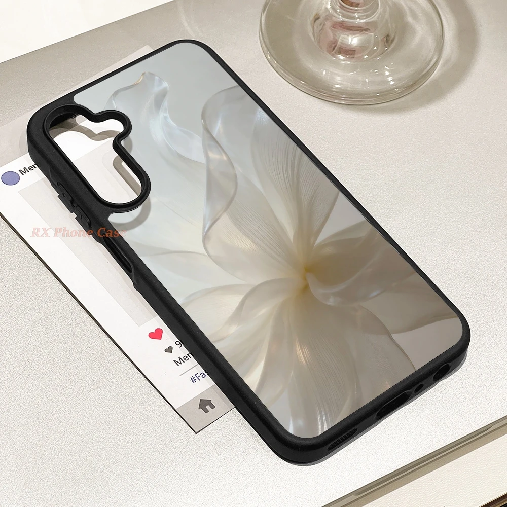 Luxury Silky White Petal Phone Case For Samsung S26 Ultra S25 Ultra A56 A57 S24 FE A37 A18 A36 A08 Acrylic With Wrist Lanyard