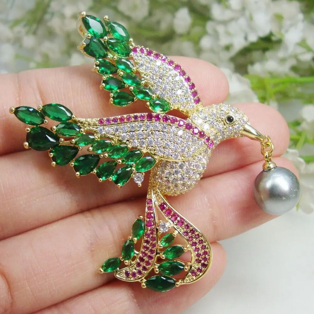 

Luxury Multicolour Hummingbird Bird Brooch Pin Pearl Zircon Crystal Pendant