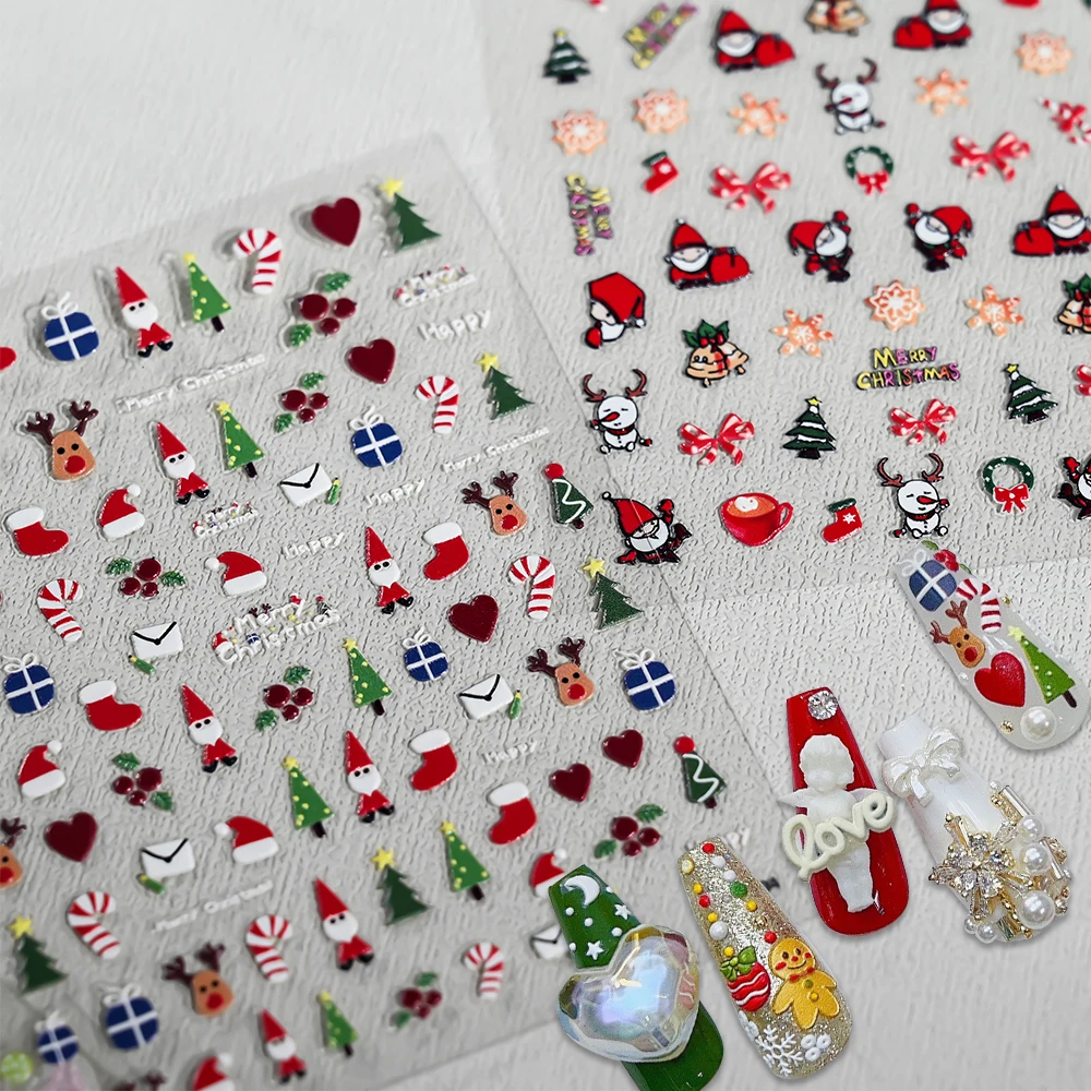 1pcs 5D Santa Claus Cartoon Nail Stickers Christmas Snowman Gloves Elk Design Self Adhesive Sliders Nail Decals Manicure Decorat