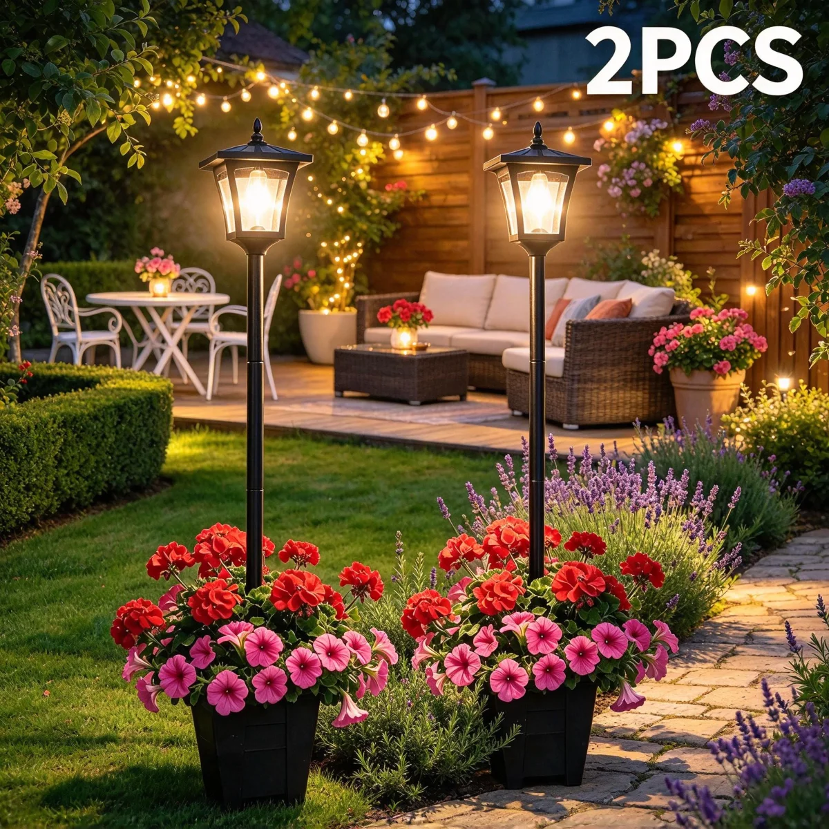 2PCS Solar Lamp Post Light with Built-in Planter, 2-in-1 Outdoor Coach Style Pole Light, IP44 LED Post Lamp for Pathway Patio Yard