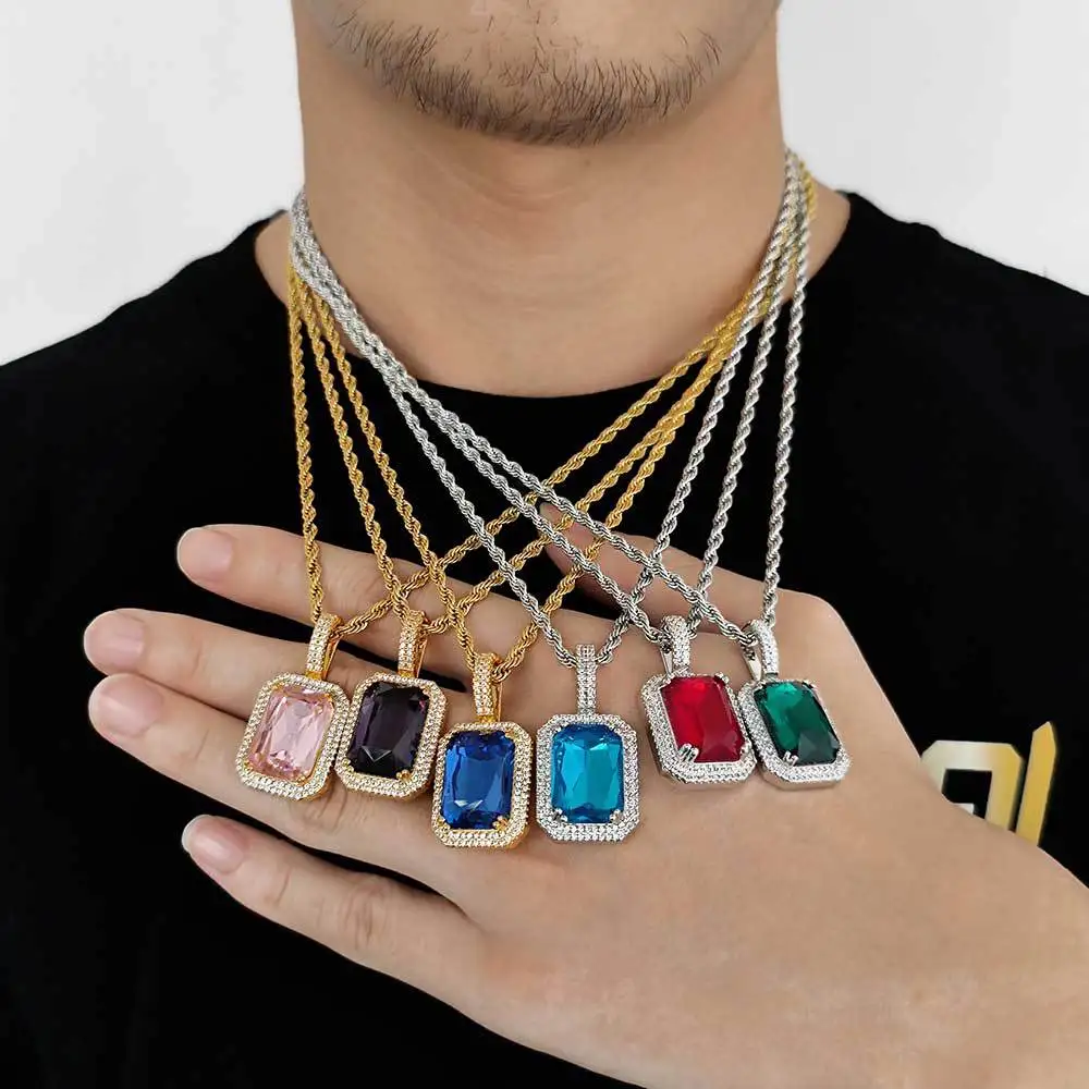 Collar con colgante de piedras preciosas de colores cuadrados de hip hop/Funk para hombre, joyería sólida de circón con microincrustaciones de personalidad de marca a la moda