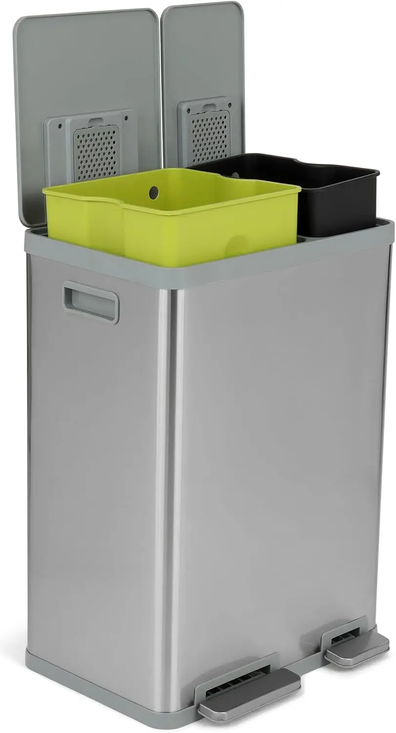 60 Liter / 16 Gallon Rectangular Hands-Free Dual Compartment Recycling Kitchen Step Trash Can with Soft-Close Lid