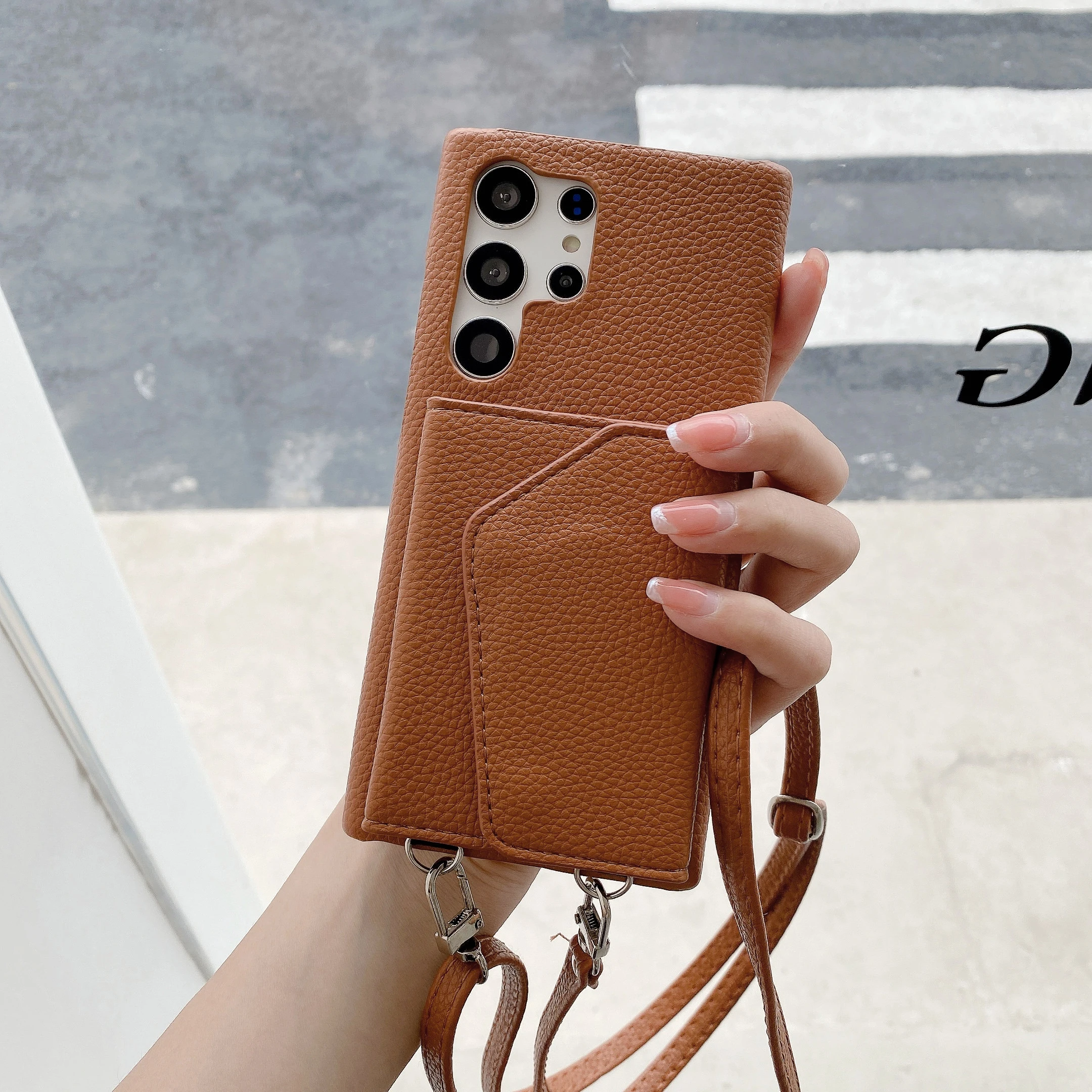 Fashion Litchi Leather Neck Shoulder Strap Phone Case For Samsung S23 Ultra S20 S21 S22 Note 8 9 10 20 Crossbody Wallet Cover