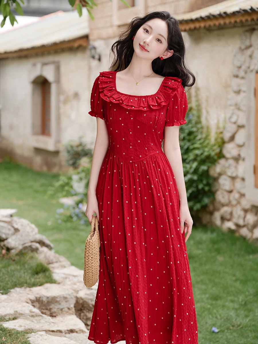 2023 neue Rote Polka Dot Quadrat Kragen Dr Abnehmen Langen Rock Sommer frauen Süße Hohe Taille Blase Sve Princ kleid