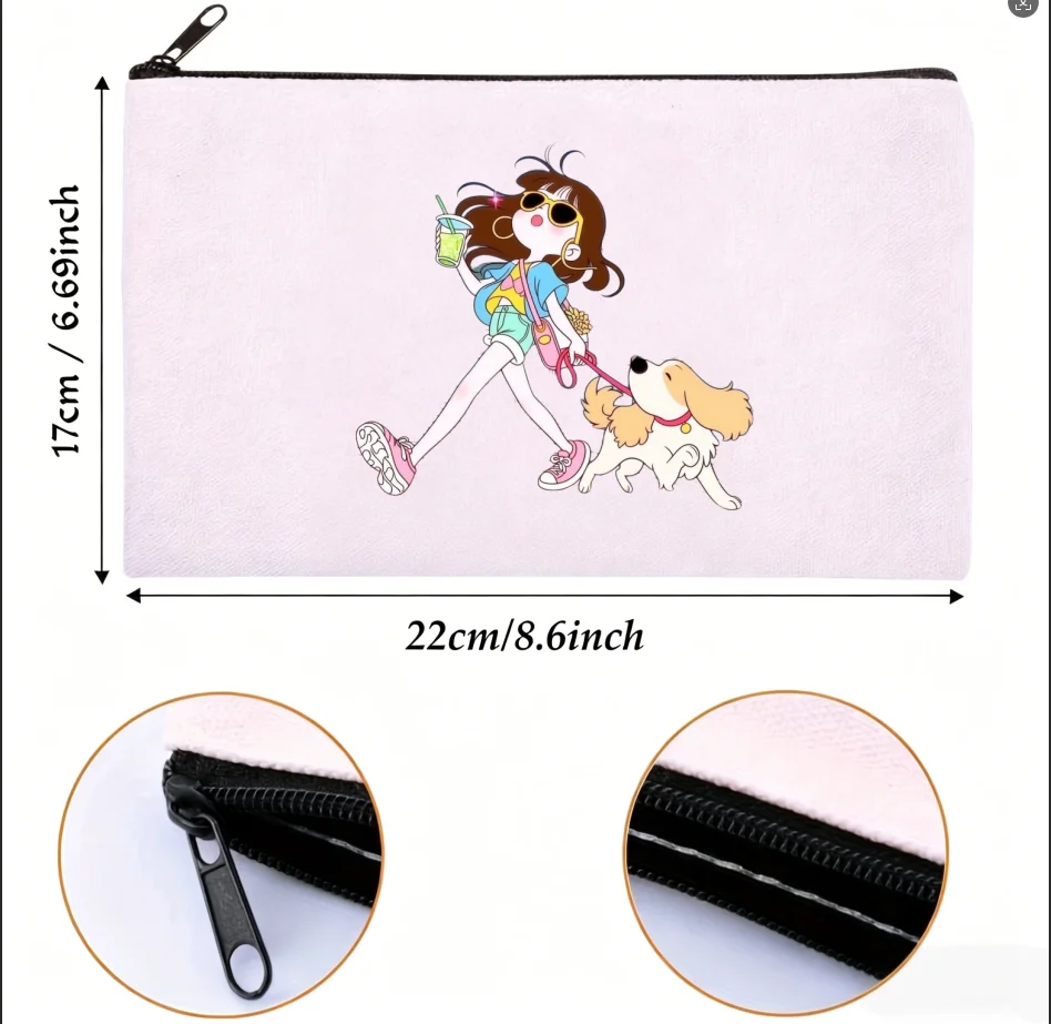 Bolsa de almacenamiento de cosméticos con cremallera, de lona, con estampado de dibujos animados de niña con bebida y Cocker Spaniel, de doble cara, 1 unidad