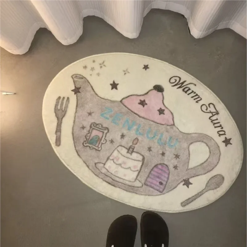 VIKAMA Cute Teapot Fairy Tale Shaped Rug Non Slip Washable Plush Floor Mat Oval Bathroom Bedroom Decor Doormat