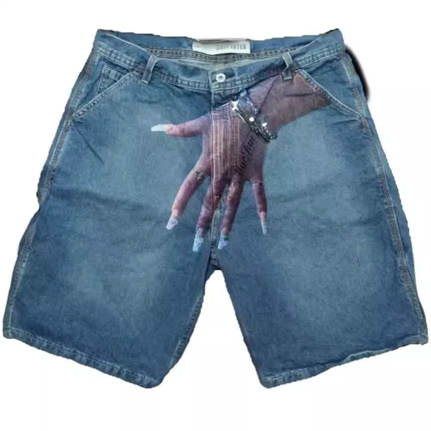 2024 European and American Hip Hop Denim Shorts Y2K Personalized Printed Finger Blue Loose Shorts Basketball Shorts Street Wear