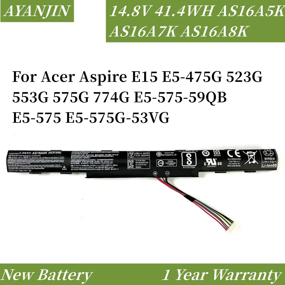 

AS16A5K AS16A7K AS16A8K 41.4WH/2800mAh Battery For Acer Aspire E15 E5-475G 523G 553G 575G 774G E5-575-59QB E5-575 E5-575G-53VG