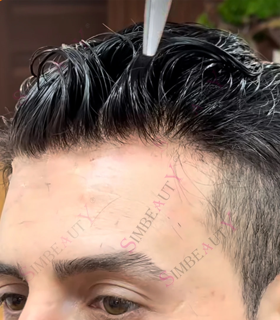 

European 80%Density 0.02mm Thinnest Skin Invisible Base Men's Toupee Human Hair 1b50#1b20 Grey Blonde Male Capillary Prosthesis