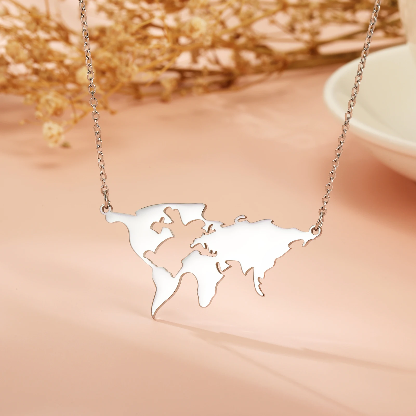 Stainless Steel Globe World Map Necklace for Women Gold Steel Color Jewelry Gift
