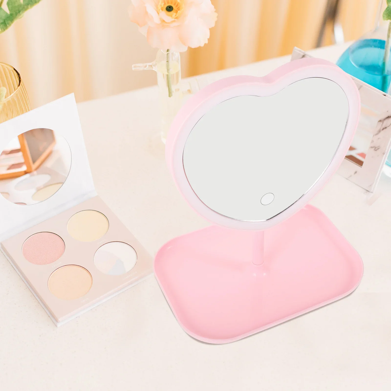 USB Rechargeable LED Heart Shape Makeup Mirror Desktop Lighted Vanity Mirror Portable Compact Durable High Definition