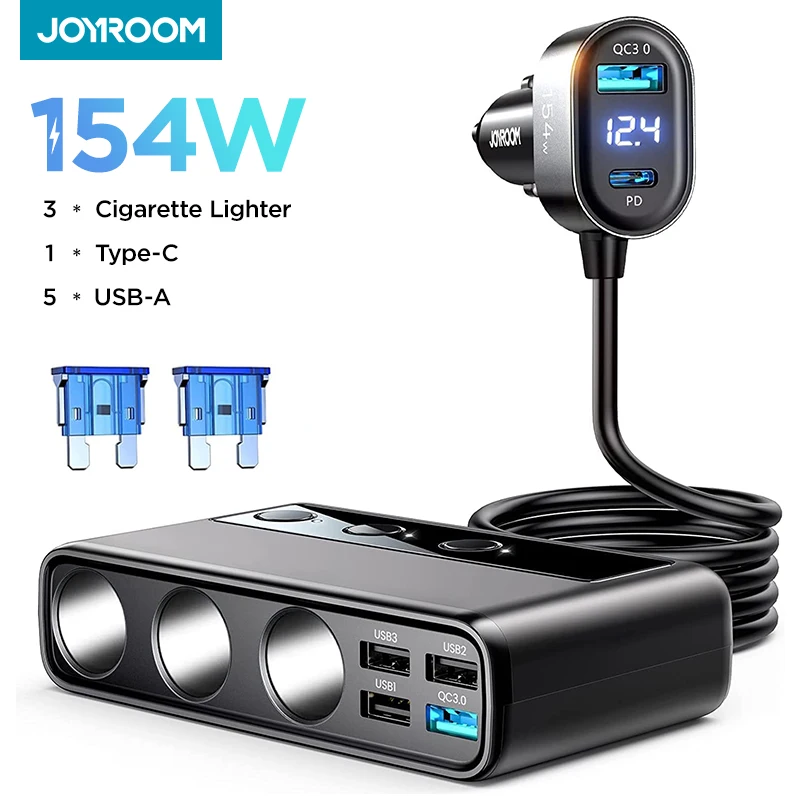 Joyroom 154W 9 in 1 Car Charger Adapter PD 3 Socket Cigarette Lighter Splitter Charge Independent Switches DC Cigarette Outlet