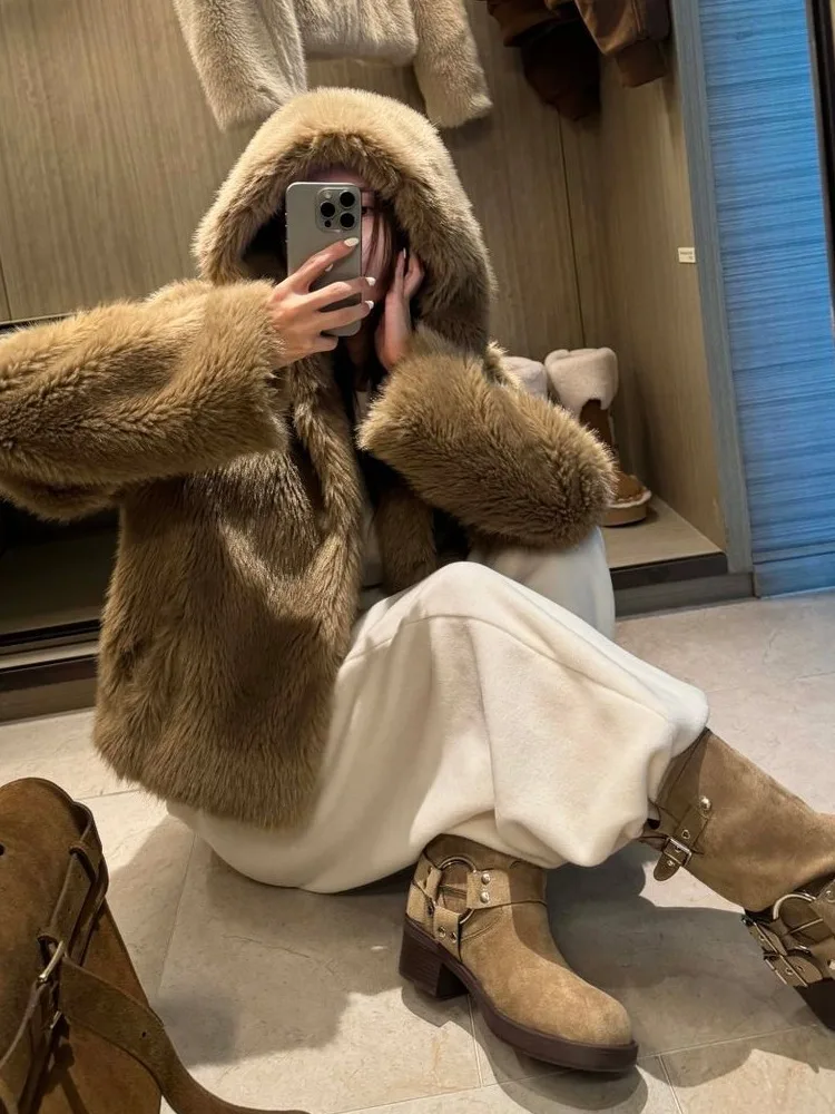 

Ele Faux Wool Fur Coat with Hood Warm Outerwear for Women Winter Casual Design Thiened Long Sve Korean Sle Dr