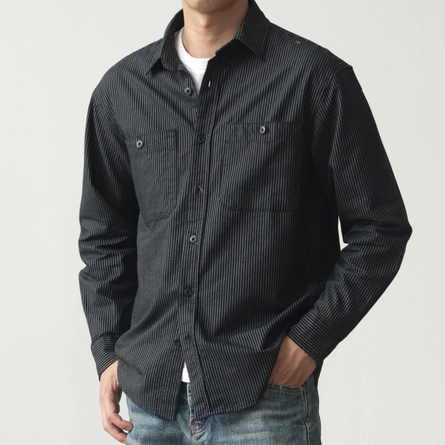 Spring and autumn pinstripe shirt men long sleeve cleanfit spring all match American retro loose casual shirt jacket