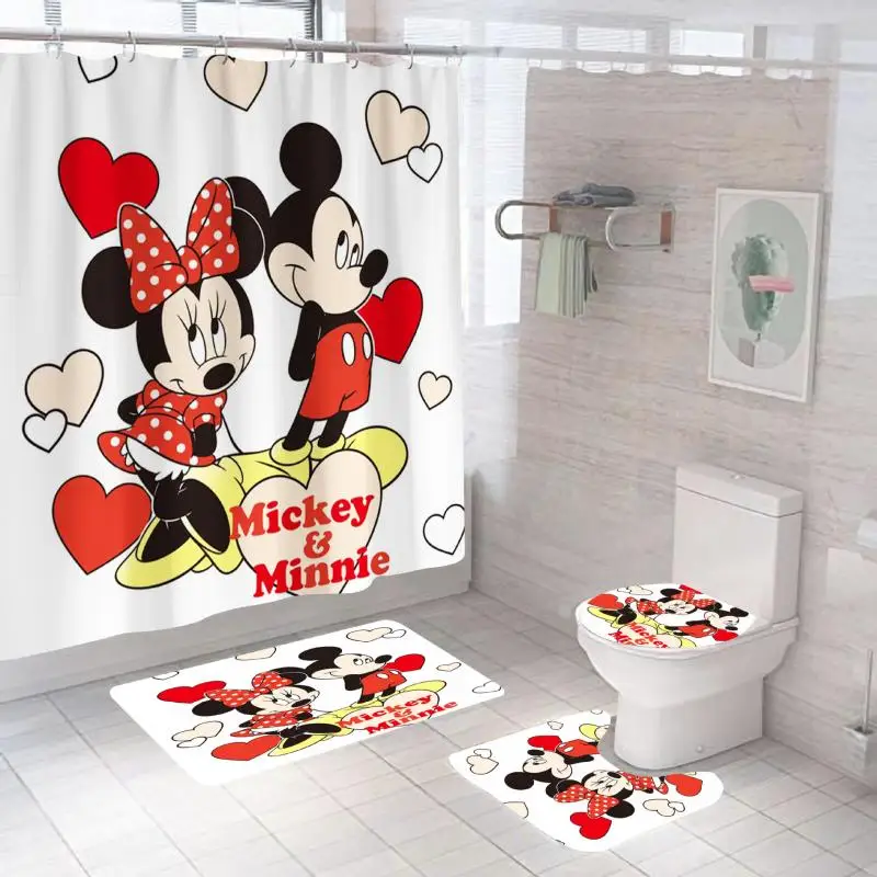 MINISO Mickey Minnie Shower Curtain Three Piece Set Disney Bathroom Printing Water Proof Shower Curtain Carpet U-Shaped Pad