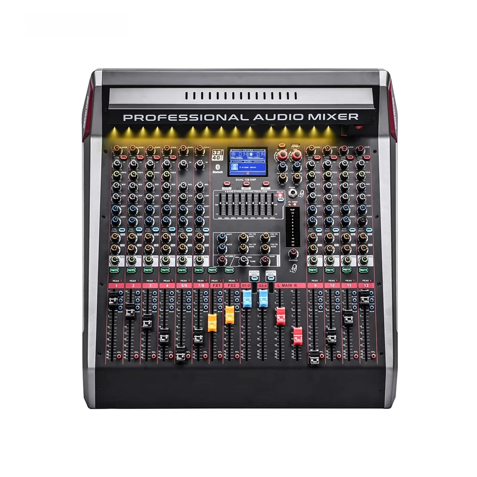 VR Series With Light 128DSP 8/12/20CH USB Audio Mixer Console 2*9-band Equalization/4 Groups/2AUX/2FX/1Stereo Return/MP3/BT