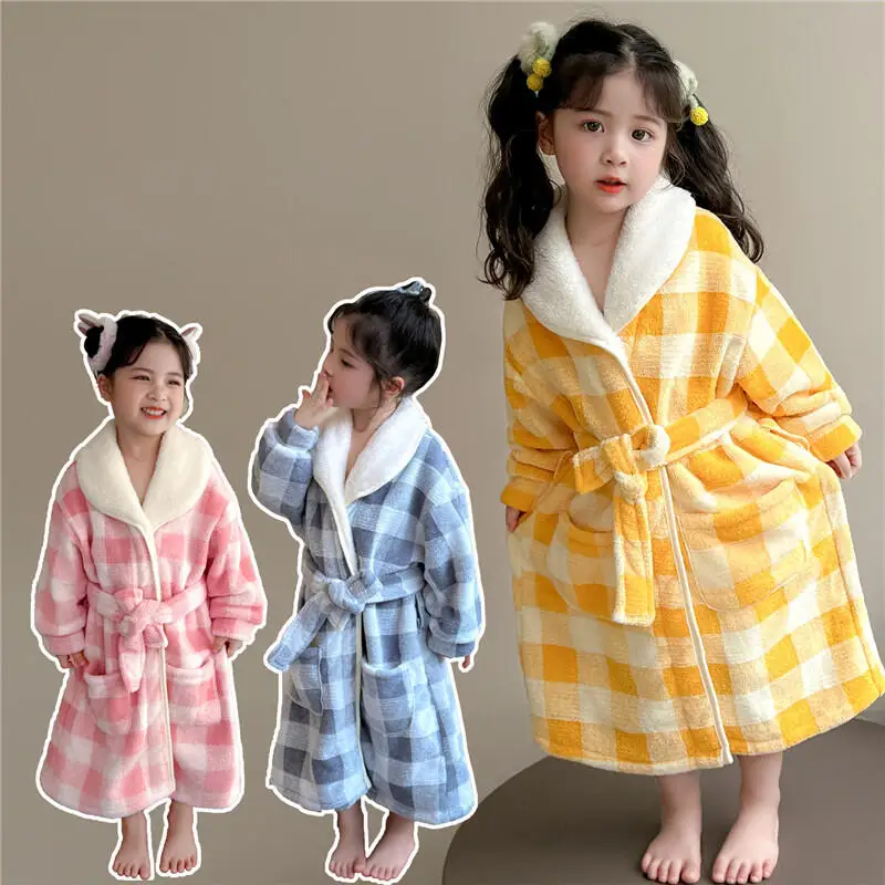 Girl Coral Fleece Pajamas Mid-Length Robe Autumn Winter Lace Up Bathrobe Homewear Child Fashion Kawaii New Style Casual Clothing