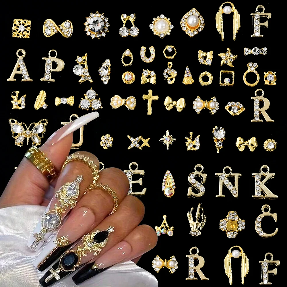 50pcs 3D Luxury Gold Pendant Mixed Nail Charms Alloy Rhinestones English Letter/Tassel/Ring Nail Jewelry For Decoration DIY Part